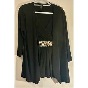 Style & Co Black Chiffon Wrap Top Cardigan Leopard Belt Size L
